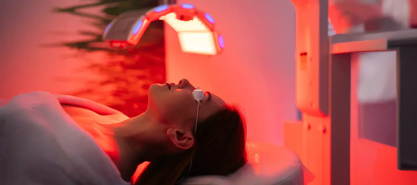 a woman enjoying a professional red light therapy in a salon